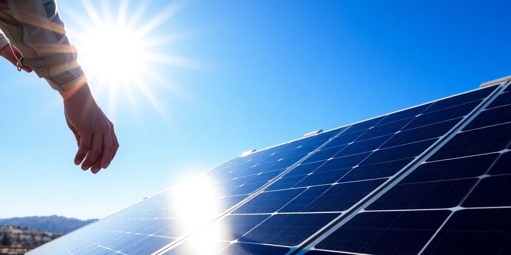 Rooftop solar panels glistening under bright sun with blue sky