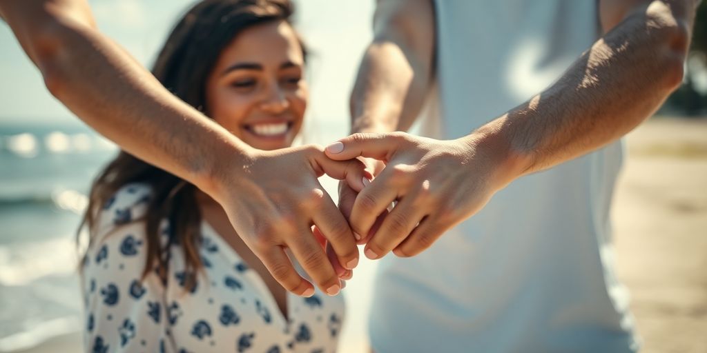 Couple on vacation, holding hands, smiling.
