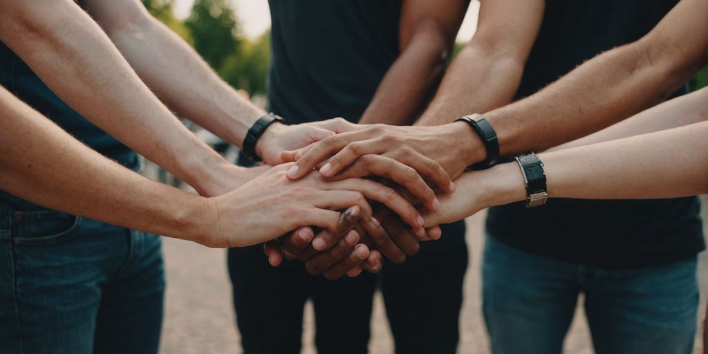 Group holding hands, representing polyamory unity.