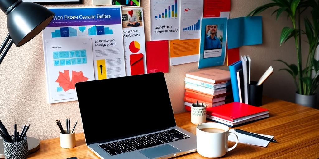 Professional workspace with marketing materials and laptop.