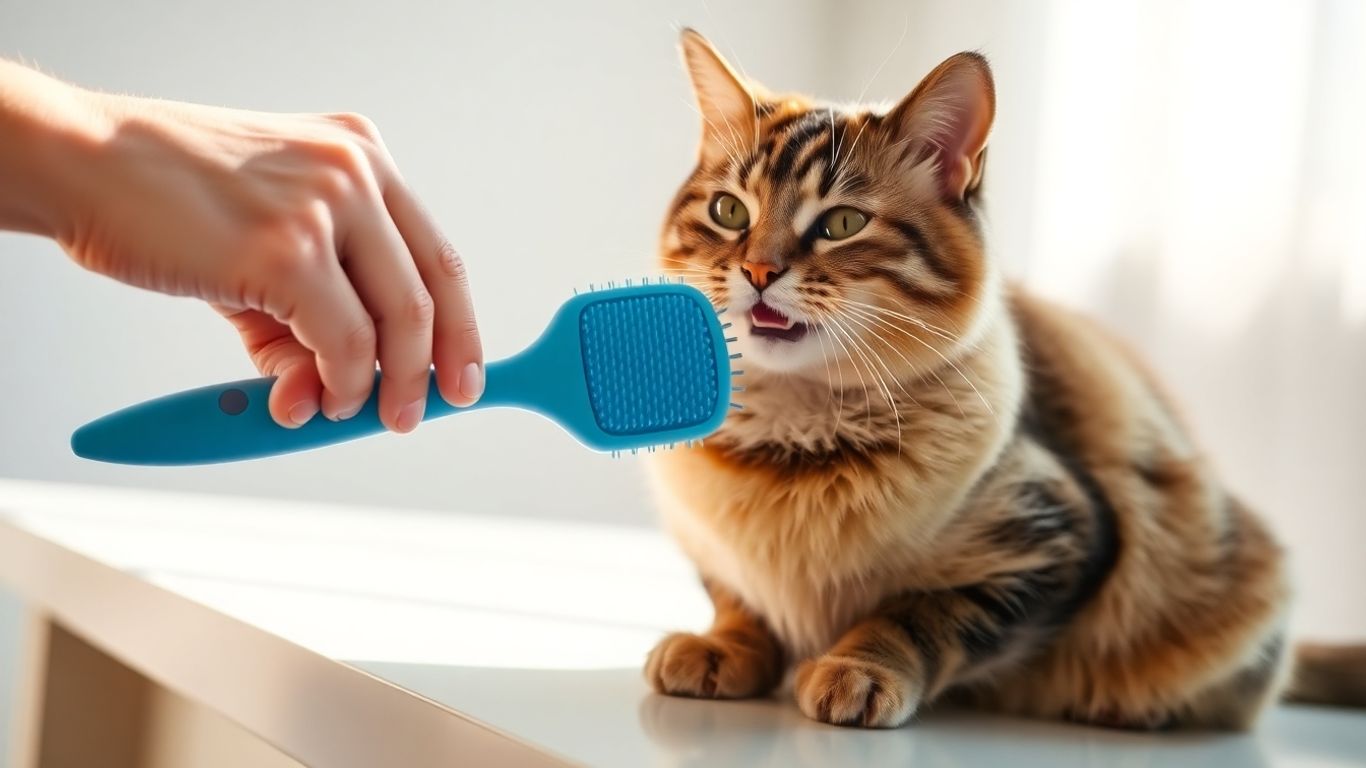 Cat being brushed with blue Furbliss brush
