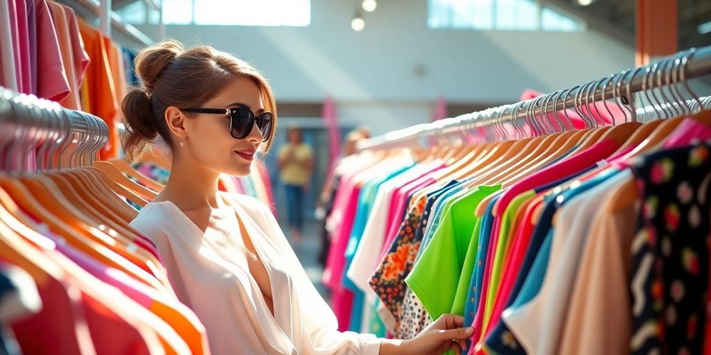 Woman in fashionable Zara outfit during a sale.