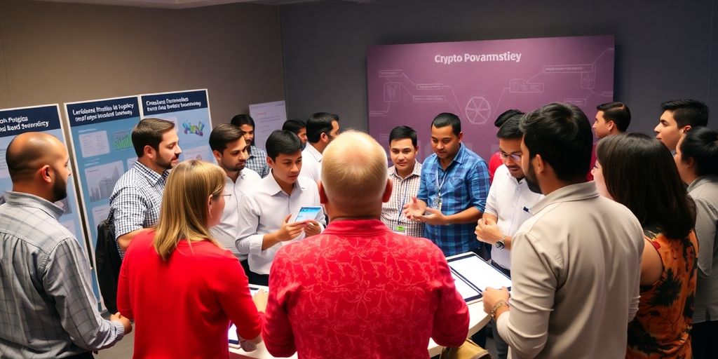 Diverse group learning about cryptocurrency investment opportunities.