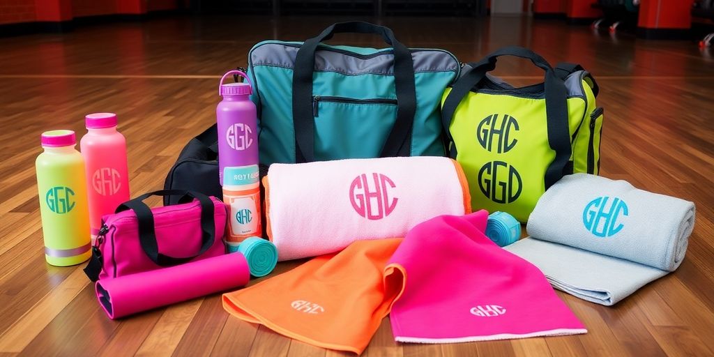Custom fitness gear including bags and towels.