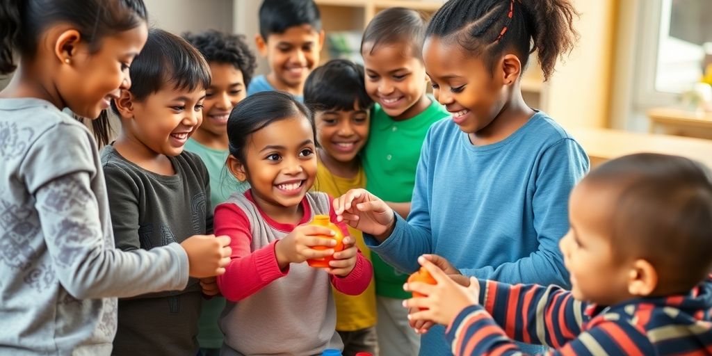 Children sharing toys and playing together happily.
