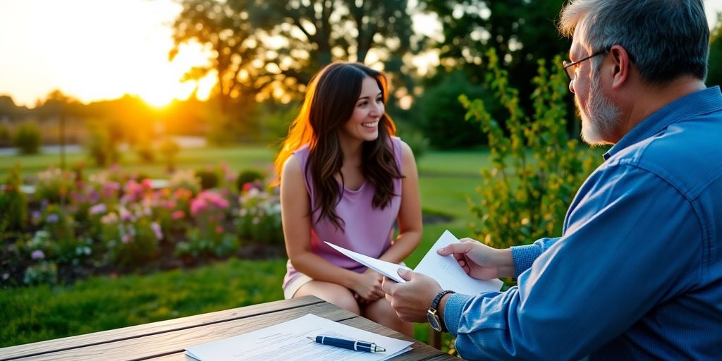 Family discussing financial plans in a garden setting.