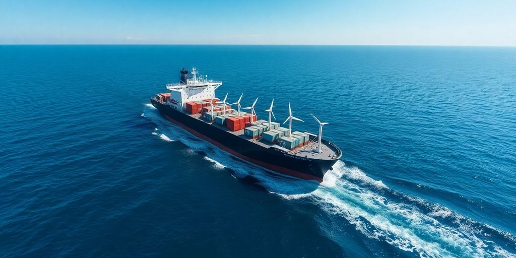 Cargo ship with wind turbines in clear blue waters.