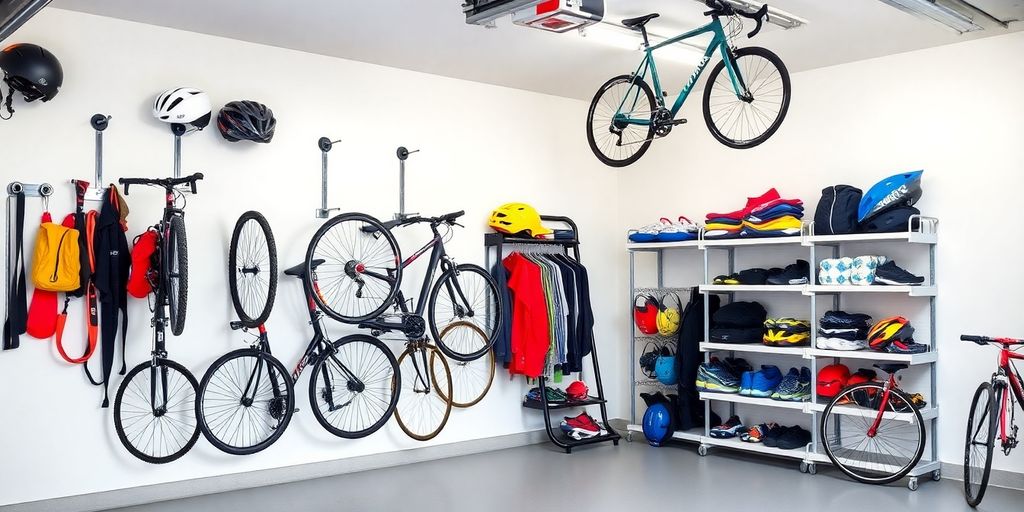 Organized garage with innovative sports equipment storage solutions.