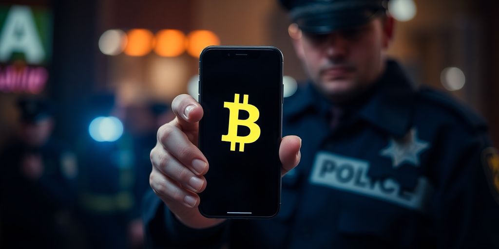 Police officer with smartphone displaying cryptocurrency symbols.
