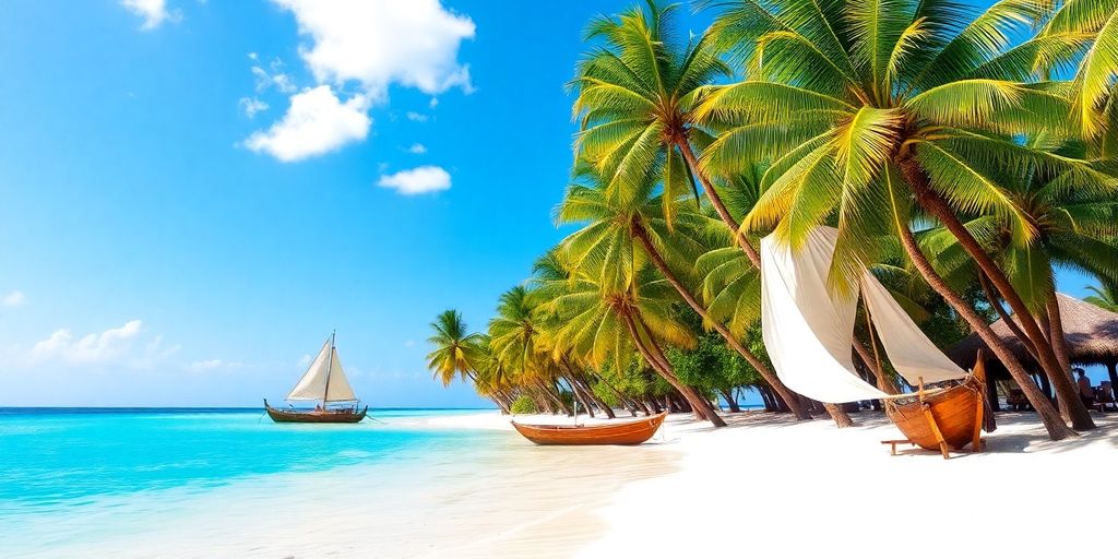Boats docking at a sandy beach with palm trees.