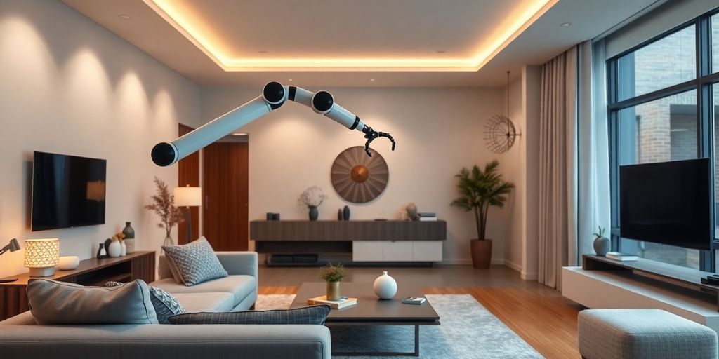 Casa inteligente com robô e luzes acesas.