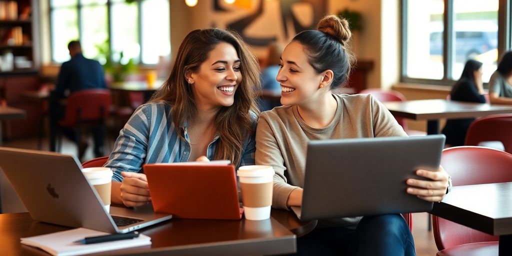 Two friends discussing goals in a cozy coffee shop.