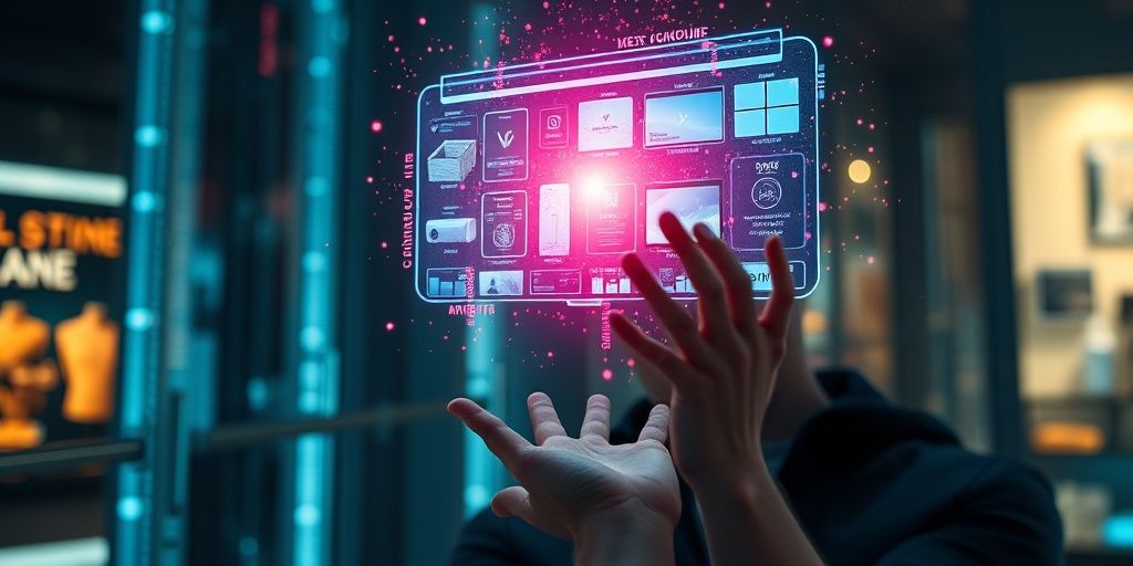 Person interacting with holographic product advertisement.