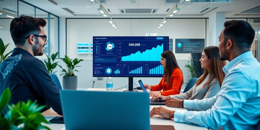 Profissionais de marketing digital em ambiente moderno.