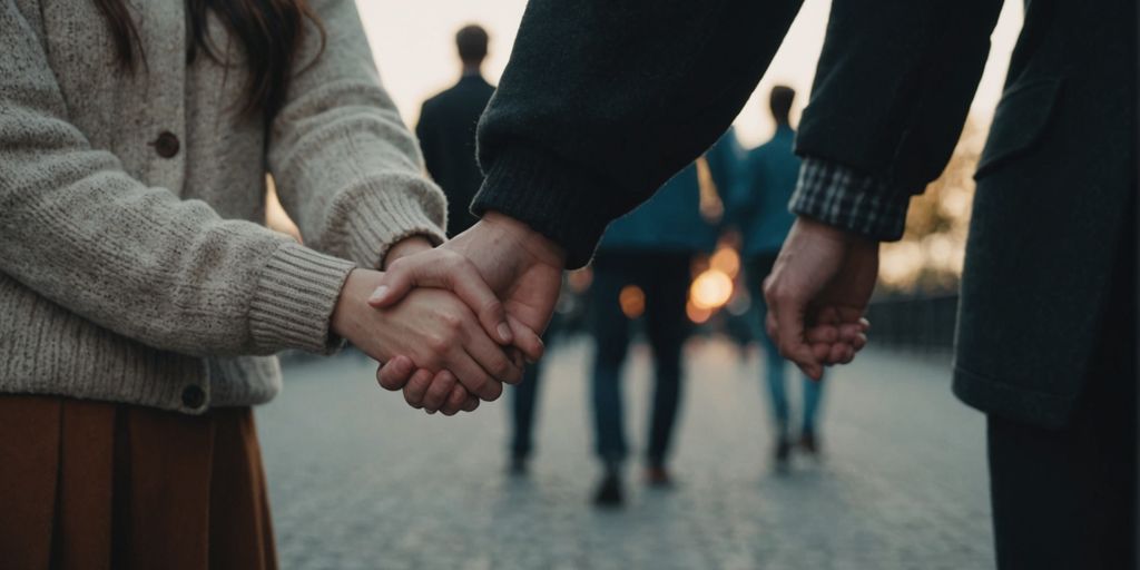 Couple holding hands with third person in background