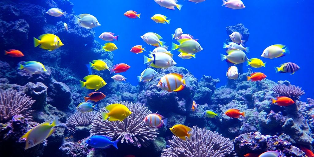 Colorful reef fish swimming in a coral reef.