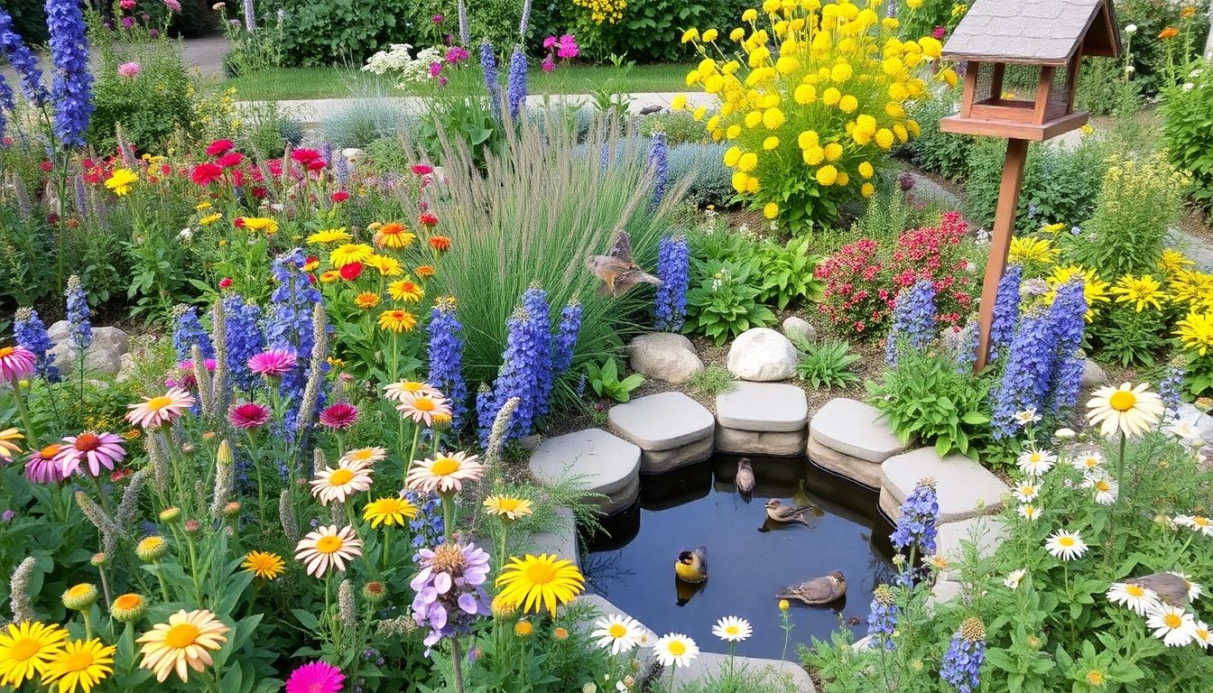 Wildlife-friendly garden with plants, flowers, and animals.