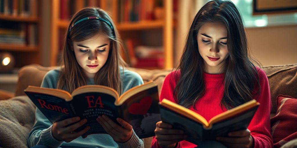 Teenage couple reading romance novels together.