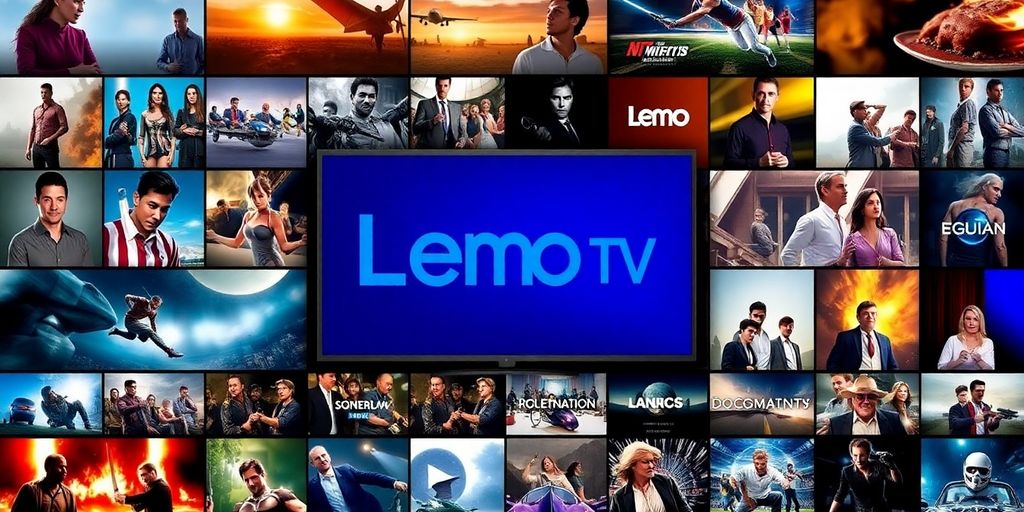 Collage of Lemo TV channels and diverse entertainment visuals.
