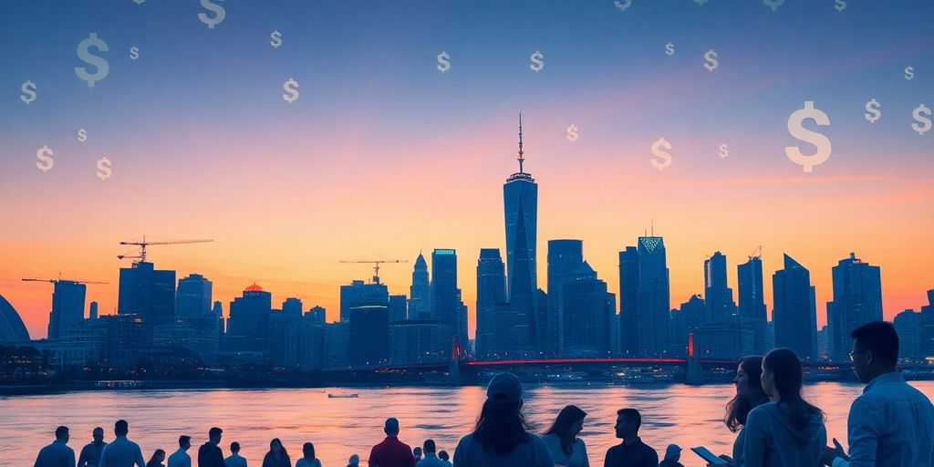 City skyline with digital currency symbols at dusk.