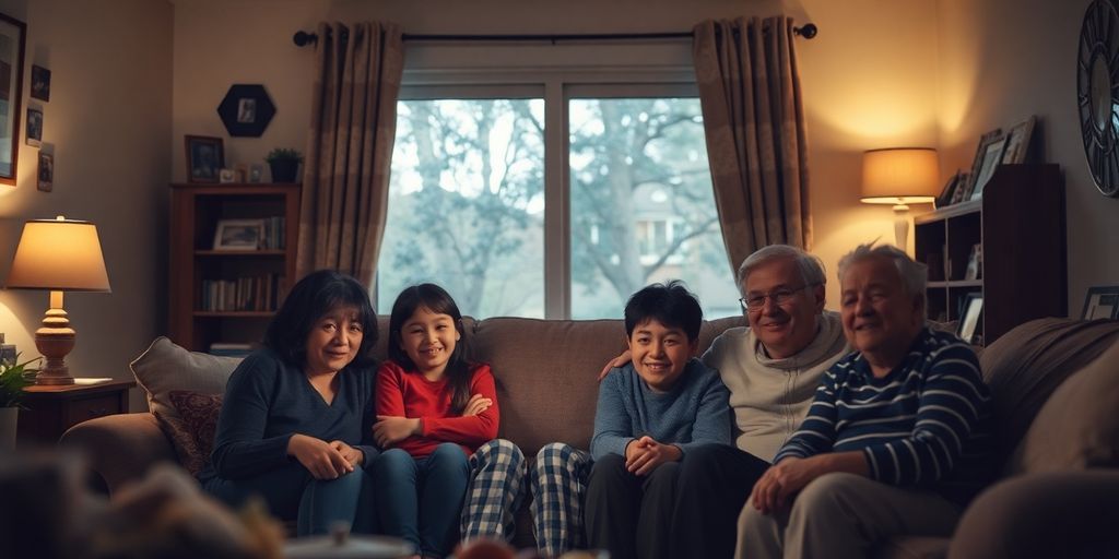 Family together in a cozy room after fire restoration.