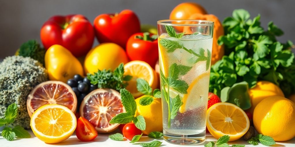 Fresh fruits and herbs for hydration in alcohol recovery.