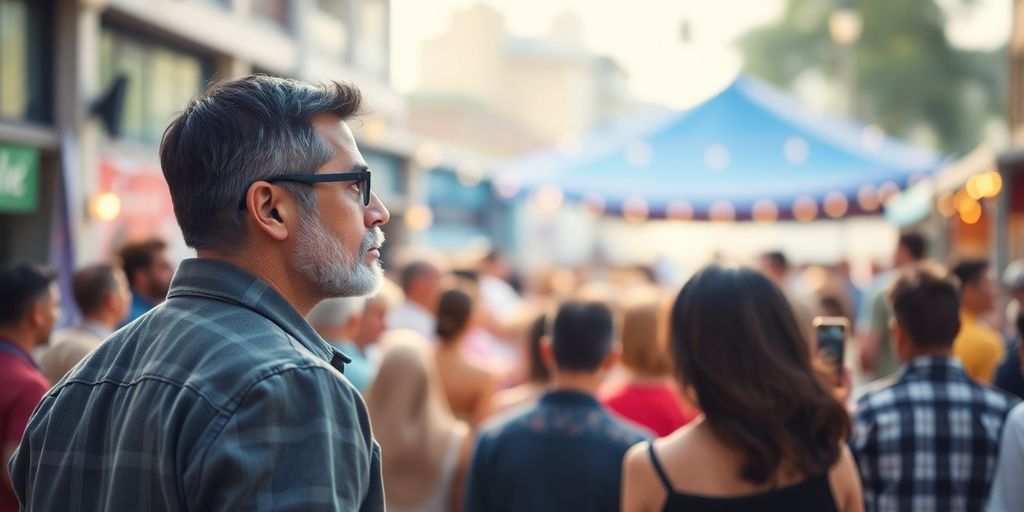 Small business owner looking thoughtfully at a bustling marketplace.