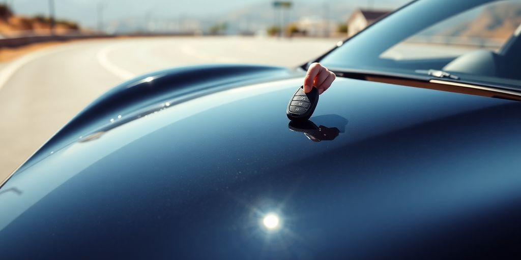 Voiture de luxe garée, clés sur le capot.