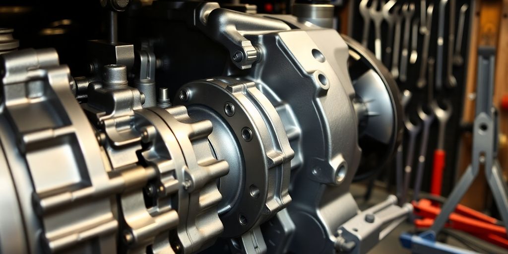Subaru XV gearbox close-up with mechanic's tools.