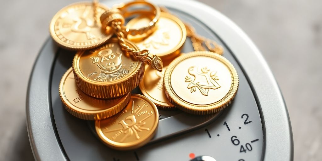 Pièces d'or et bijoux sur une balance.
