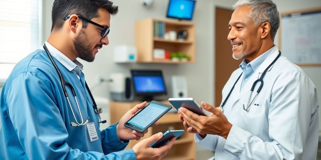 Healthcare professional using translation technology with a patient.