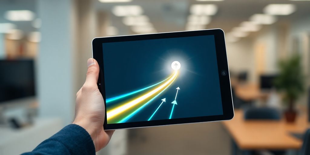 Hand holds tablet showing digital sales funnel conversion path.