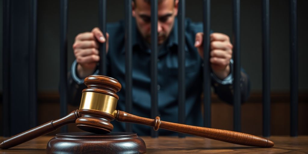 Man in handcuffs behind bars, courtroom gavel.