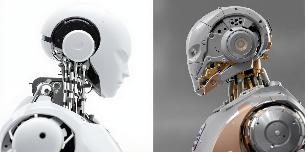 Two contrasting robots, one sleek, one rugged