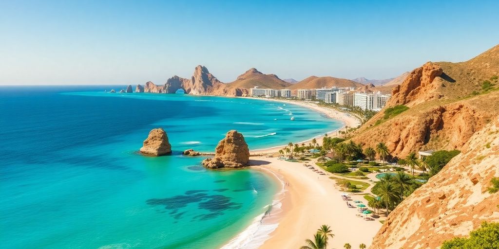 Stunning beach view in Los Cabos, showcasing eco-friendly resorts.