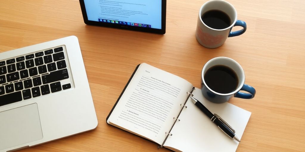 Cozy workspace with laptop and notebook for thesis writing.