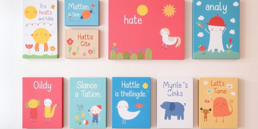 Children smiling with colorful canvas wall art.