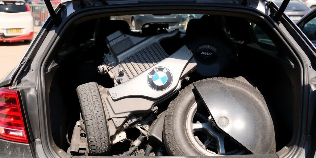Used BMW parts stacked in a wrecked car.