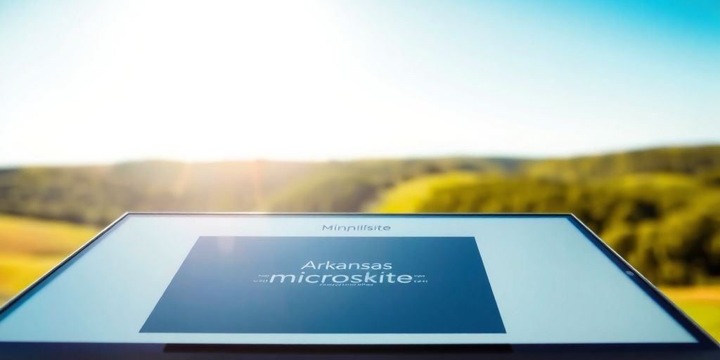 Microsite on a laptop screen, Arkansas landscape.