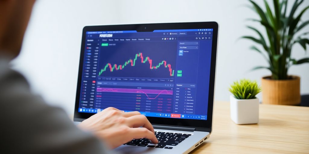 Person using Forex.com on a laptop in a workspace.