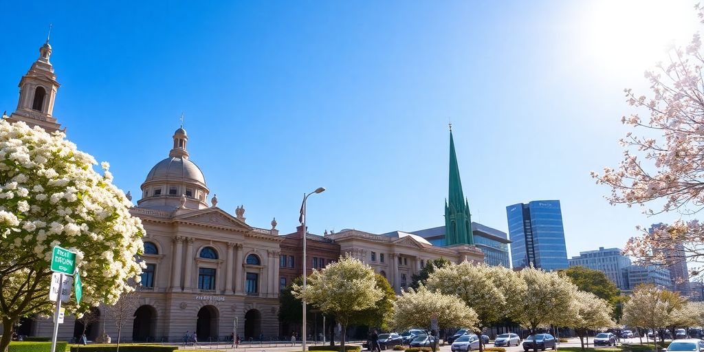 Adelaide cityscape with lush greenery and modern buildings.