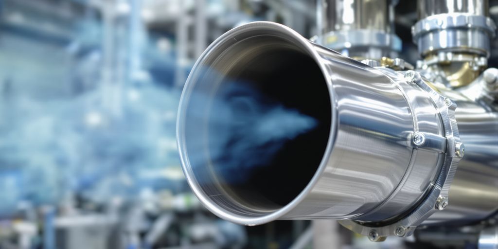 Diesel engine exhaust pipe emitting clean blue fumes.