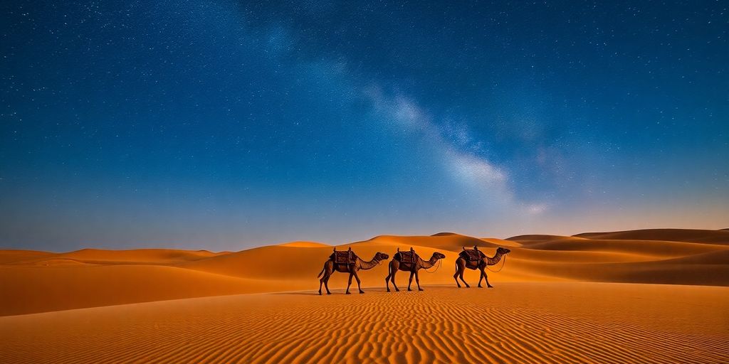 Camels walking on sand dunes under a starry sky.