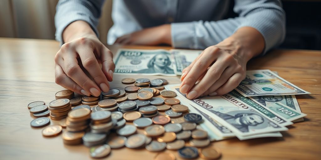 Pièces et billets de banque soigneusement disposés sur une table.
