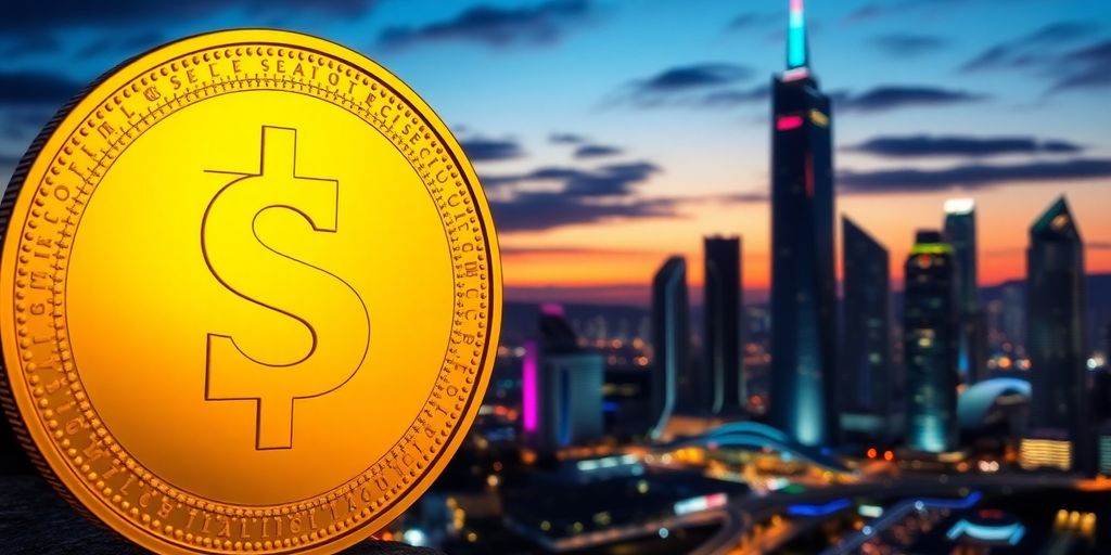 Glowing Solana coin above a futuristic city.