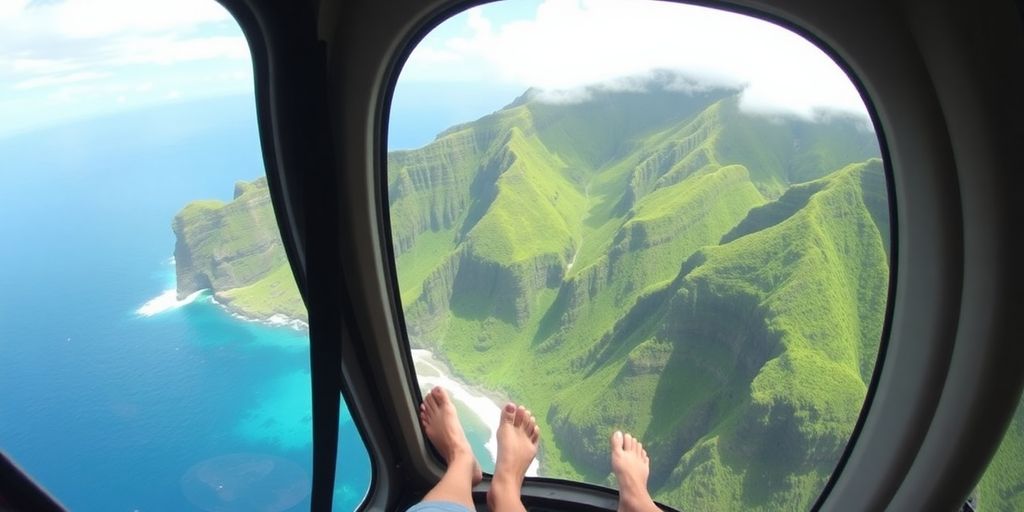 A doors-off helicopter flying over the dramatic Kauai coastline.