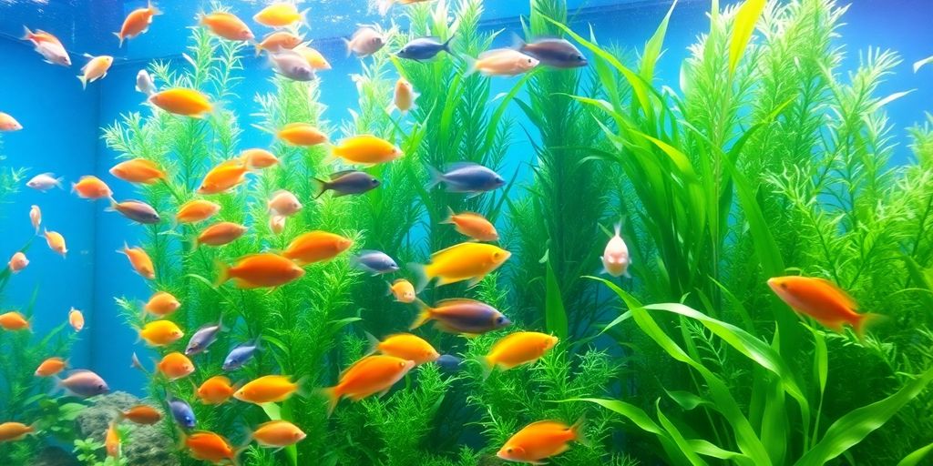 Colorful fish in a lush, healthy aquarium environment.