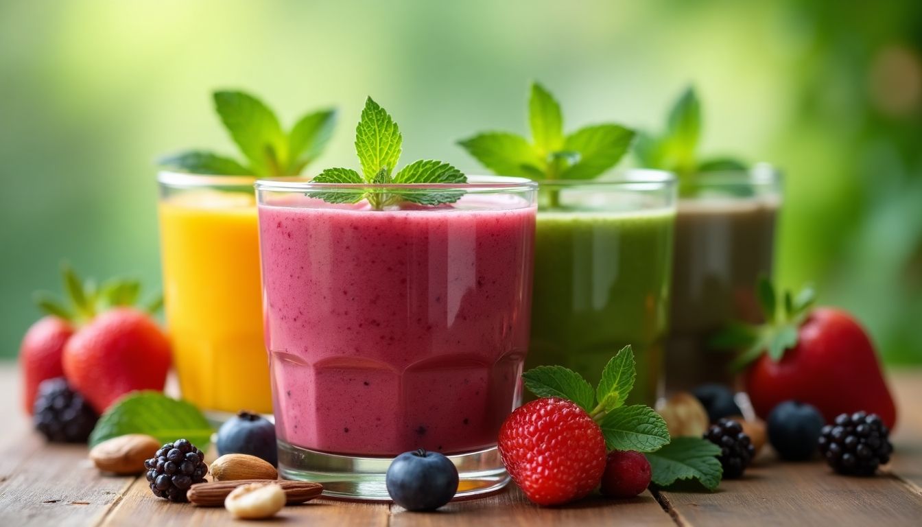 Colorful heart-healthy smoothies with fresh ingredients.