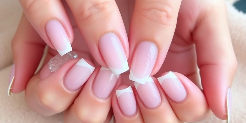 Mãos bem cuidadas com unhas acrílicas elegantes.