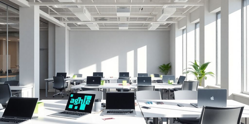 Modern office with laptops and sticky notes.